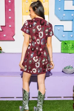 Maroon & Grey Sequin & Seed Bead Leopard Tee Dress