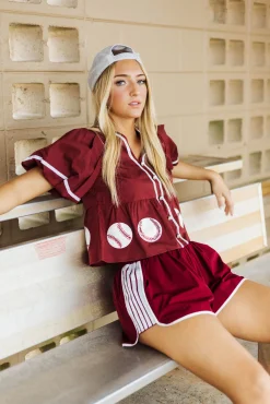 Maroon Peplum Baseball Top