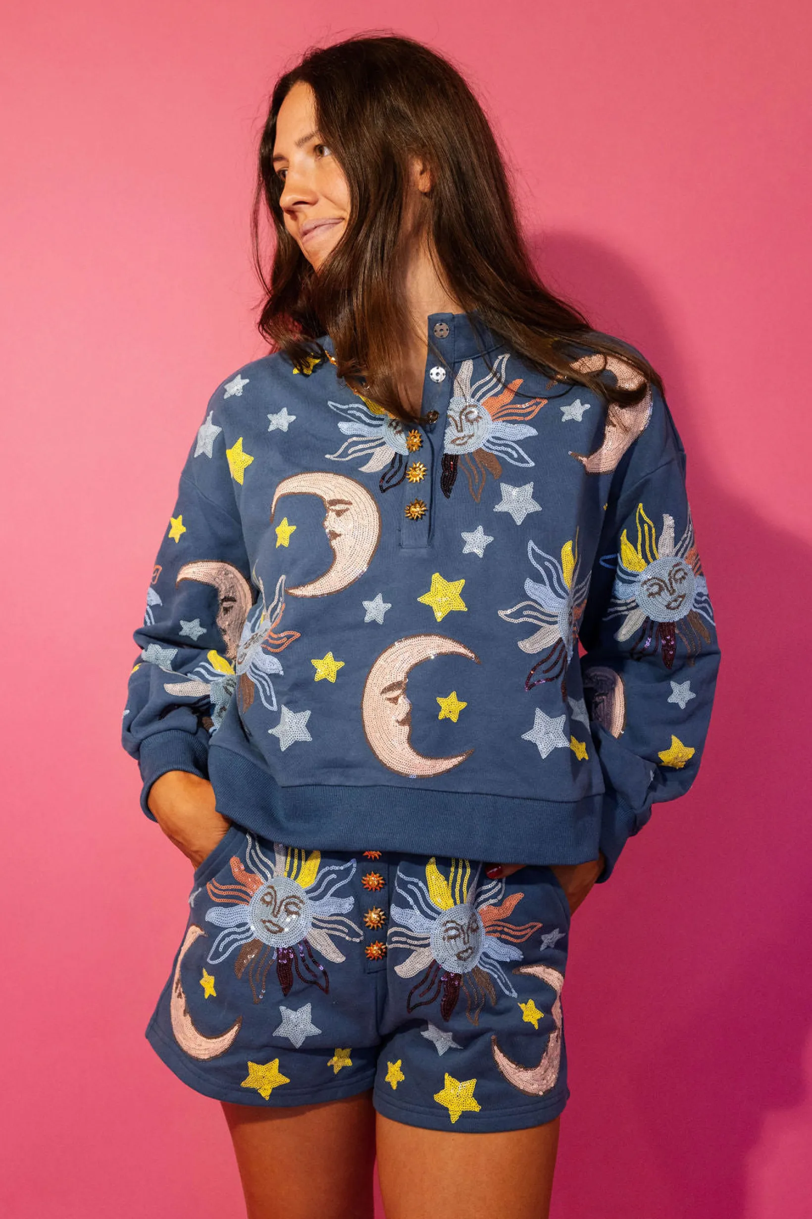 Midnight Blue Stars & Moon Henley Sweatshirt