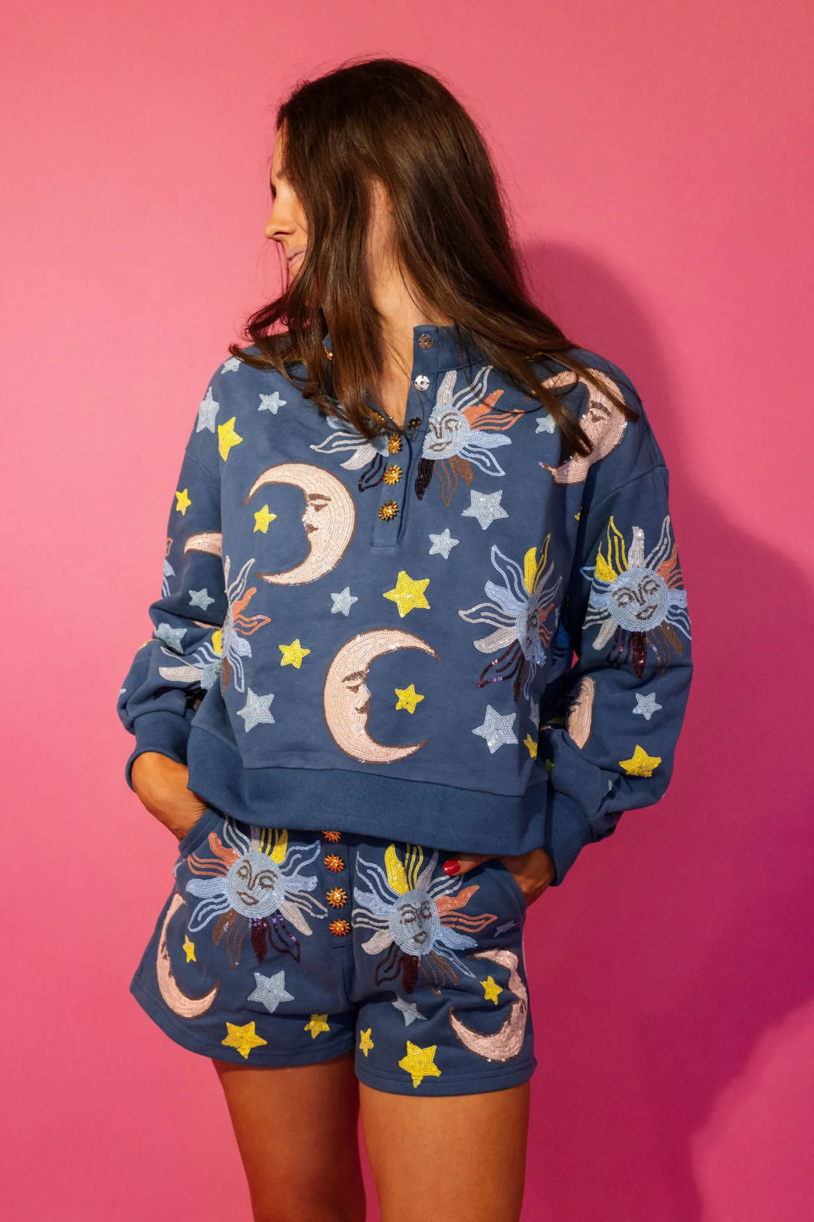 Midnight Blue Stars & Moon Henley Short