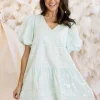 Mint Bride All Over Poof Sleeve Dress