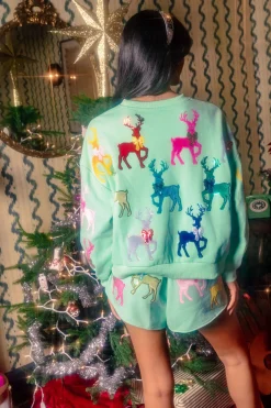 Mint Green Sweatshirt With Velvet Reindeers & Bows