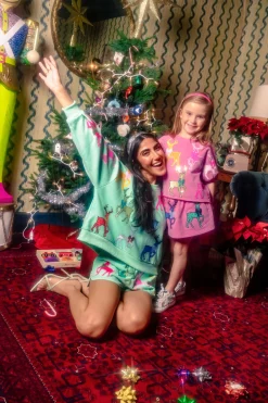 Mint Green Sweatshirt With Velvet Reindeers & Bows