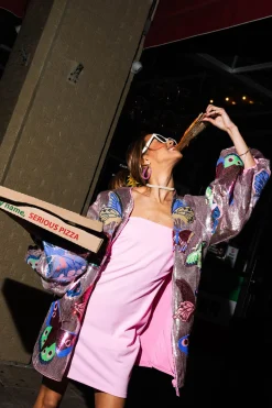 Multi Butterfly Balloon Sleeve Zip Up Jacket