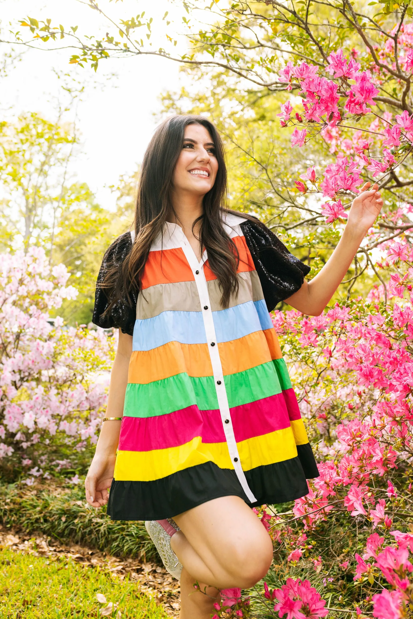 Multi Color Tier Black Sequin Poof Sleeve Dress