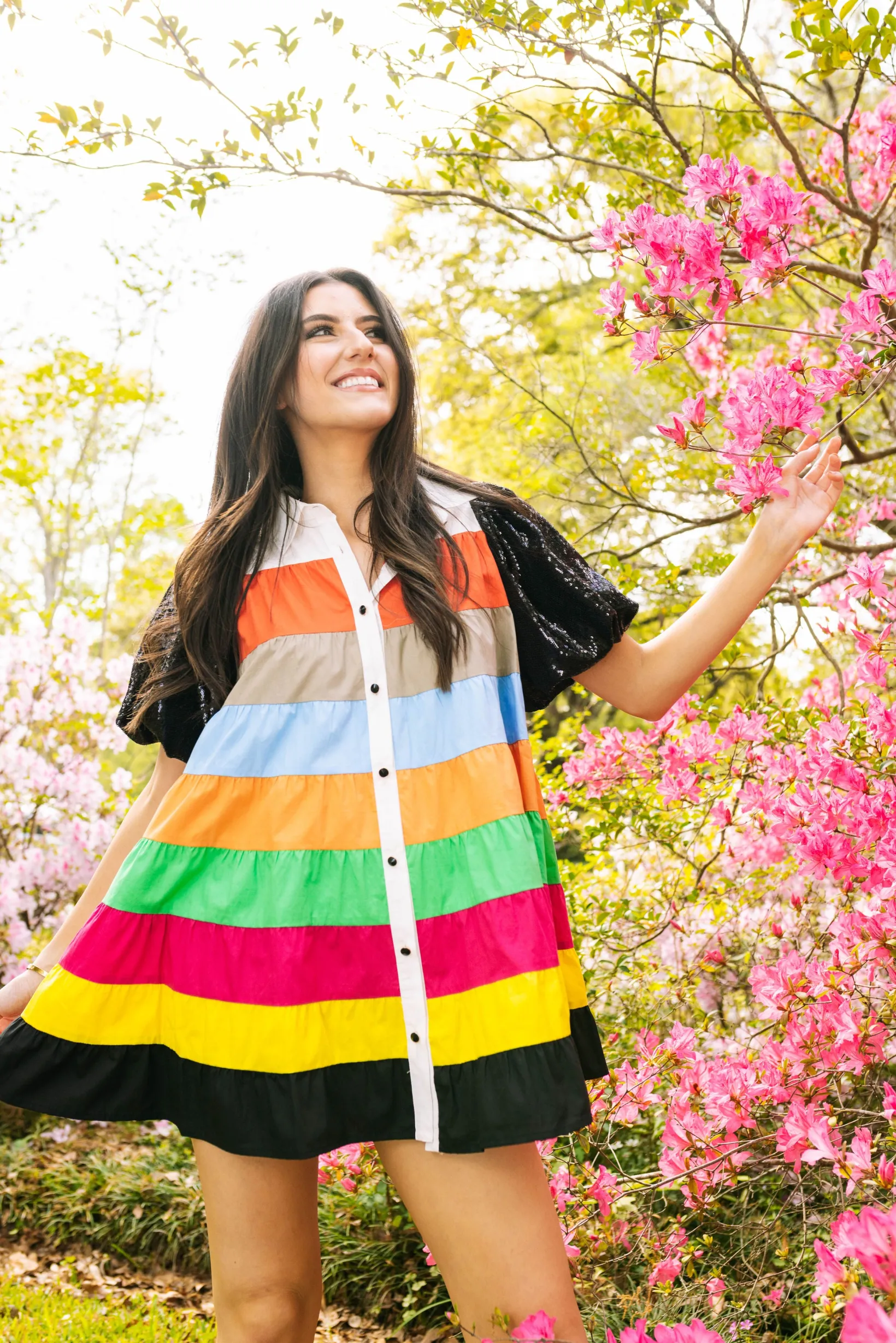 Multi Color Tier Black Sequin Poof Sleeve Dress