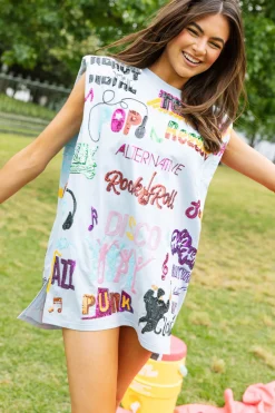 Music All Over Shoulder Pad Tank Dress