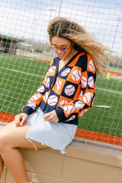 Navy & Orange Checkered Baseball Cardigan