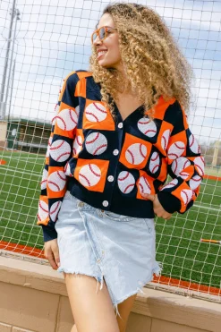 Navy & Orange Checkered Baseball Cardigan