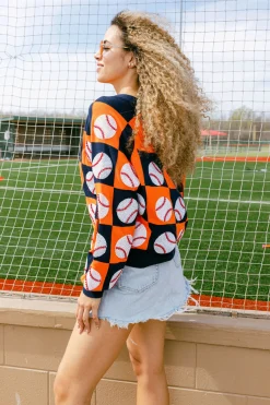 Navy & Orange Checkered Baseball Cardigan