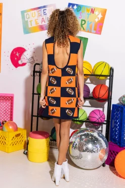 Navy & Orange Football Checkered Dress