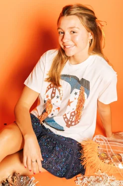 Navy & Orange Fringe Boot Tee