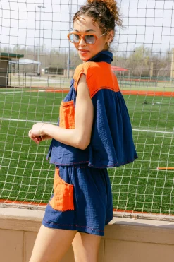 Navy & Orange Gauze Top