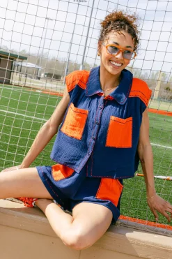 Navy & Orange Gauze Top
