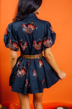 Navy Beaded Turkey All Over Cotton Dress