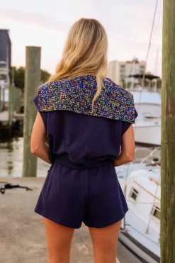 Navy Button Multi Rhinestone Collar Top