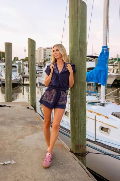 Navy Button Multi Rhinestone Collar Top