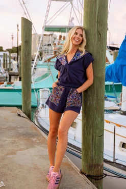 Navy Button Multi Rhinestone Collar Top