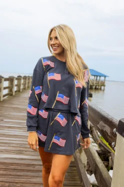 Navy Metallic Flag Waffle Top