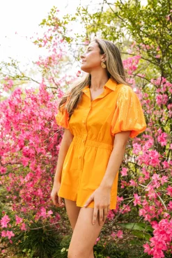 Neon Orange Sequin Sleeve Romper