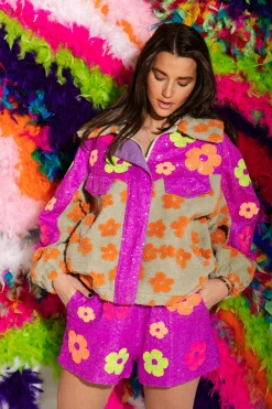 Neon Purple Sequin Flower Shorts