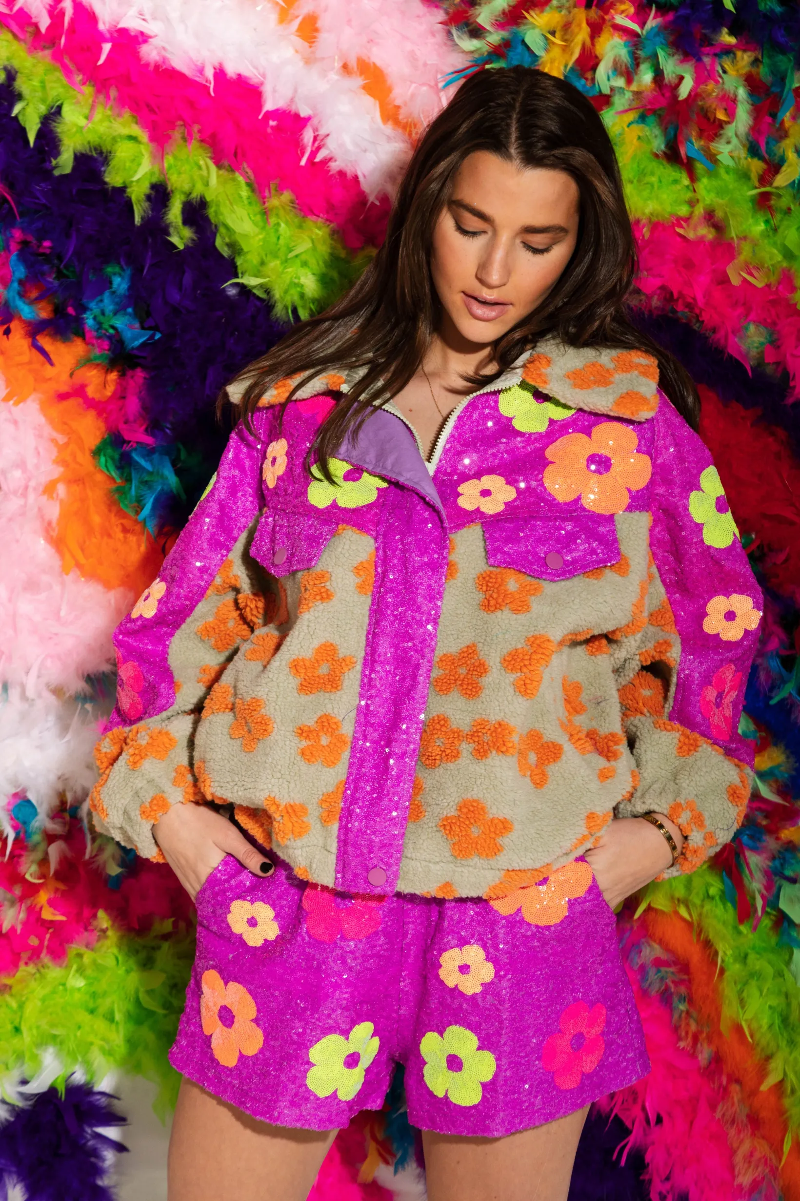 Neon Purple Sequin Flower Shorts
