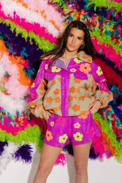 Neon Purple Sequin Flower Shorts