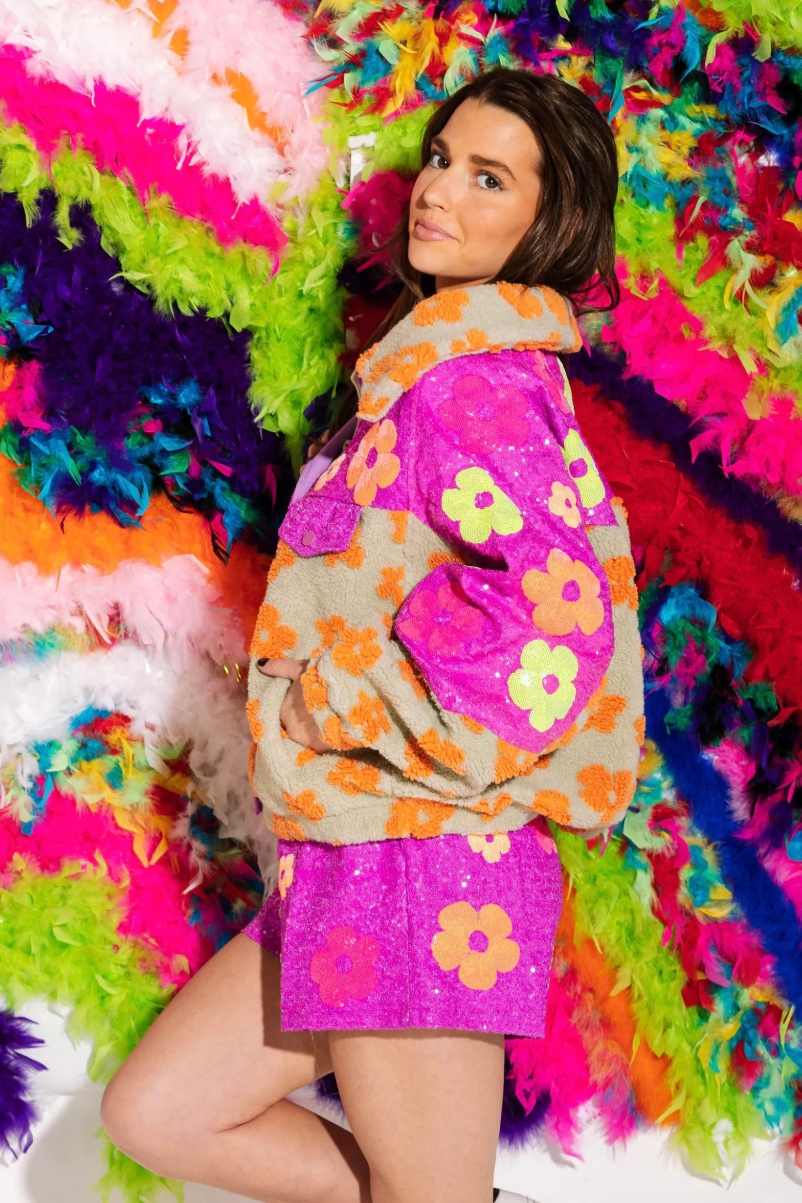 Neon Purple Sequin Flower Shorts