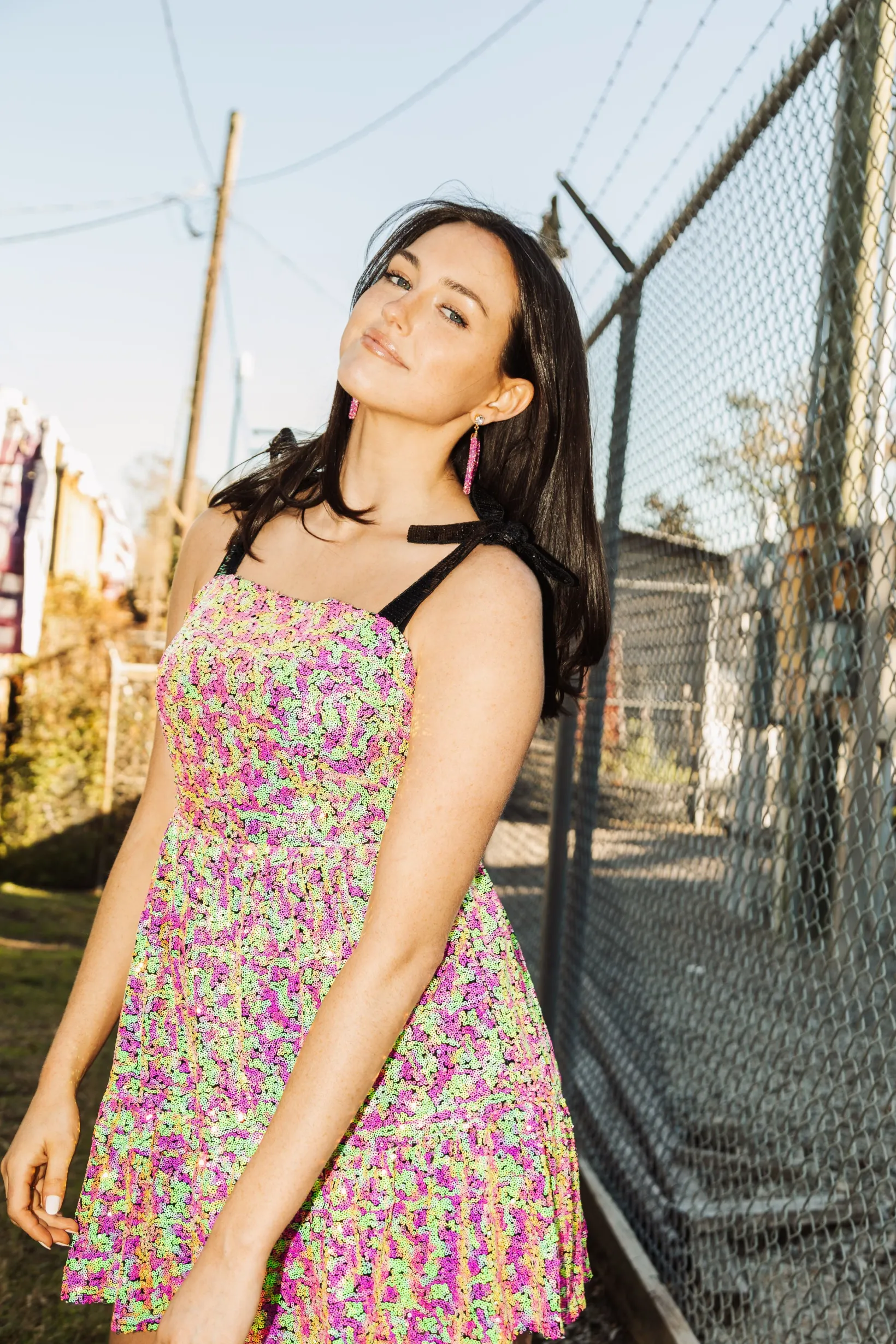 Neon Sequin Tie Sleeve Mini