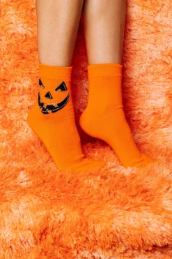 Orange Pumpkin Rhinestone Socks