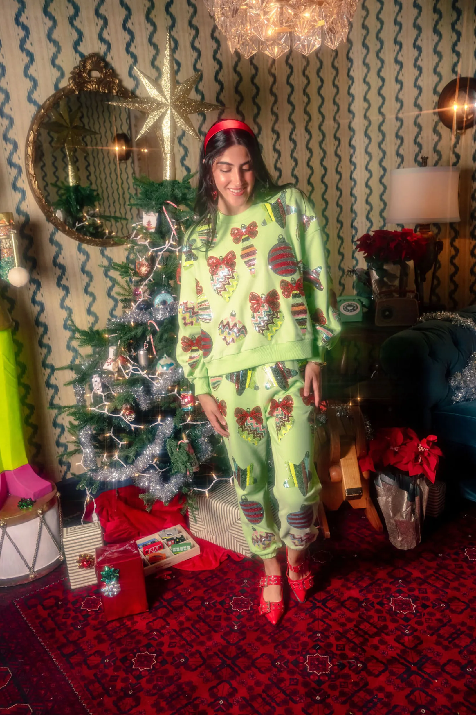 Pale Green Patterned Ornament & Bows Sweatshirt