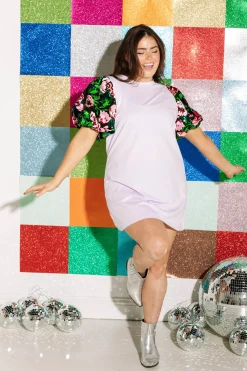 Pale Pink Floral Sequin Poof Sleeve Dress