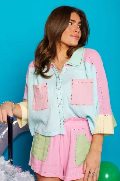 Pastel Colorblock Rhinestone Gauze Short