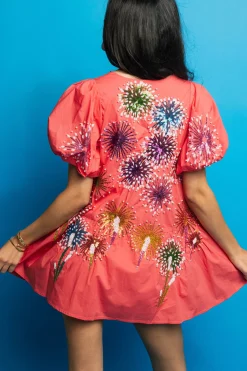 Pink Firework Back Poof Sleeve Dress