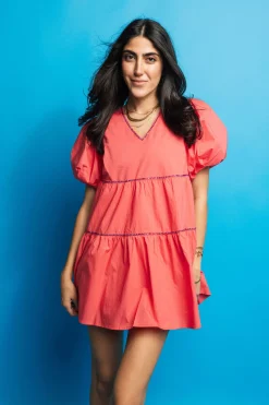 Pink Firework Back Poof Sleeve Dress