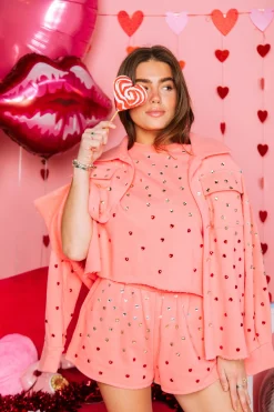 Pink Heart Jewel Poof Sleeve Top