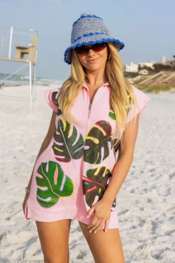 Pink Monstera Zip Up Collar Dress