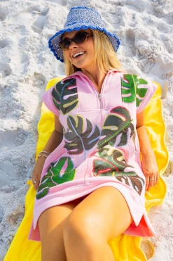 Pink Monstera Zip Up Collar Dress