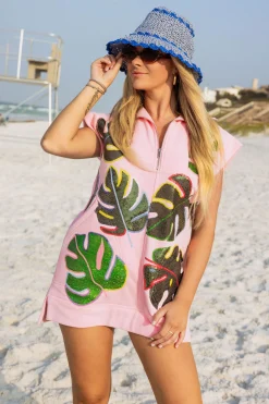 Pink Monstera Zip Up Collar Dress