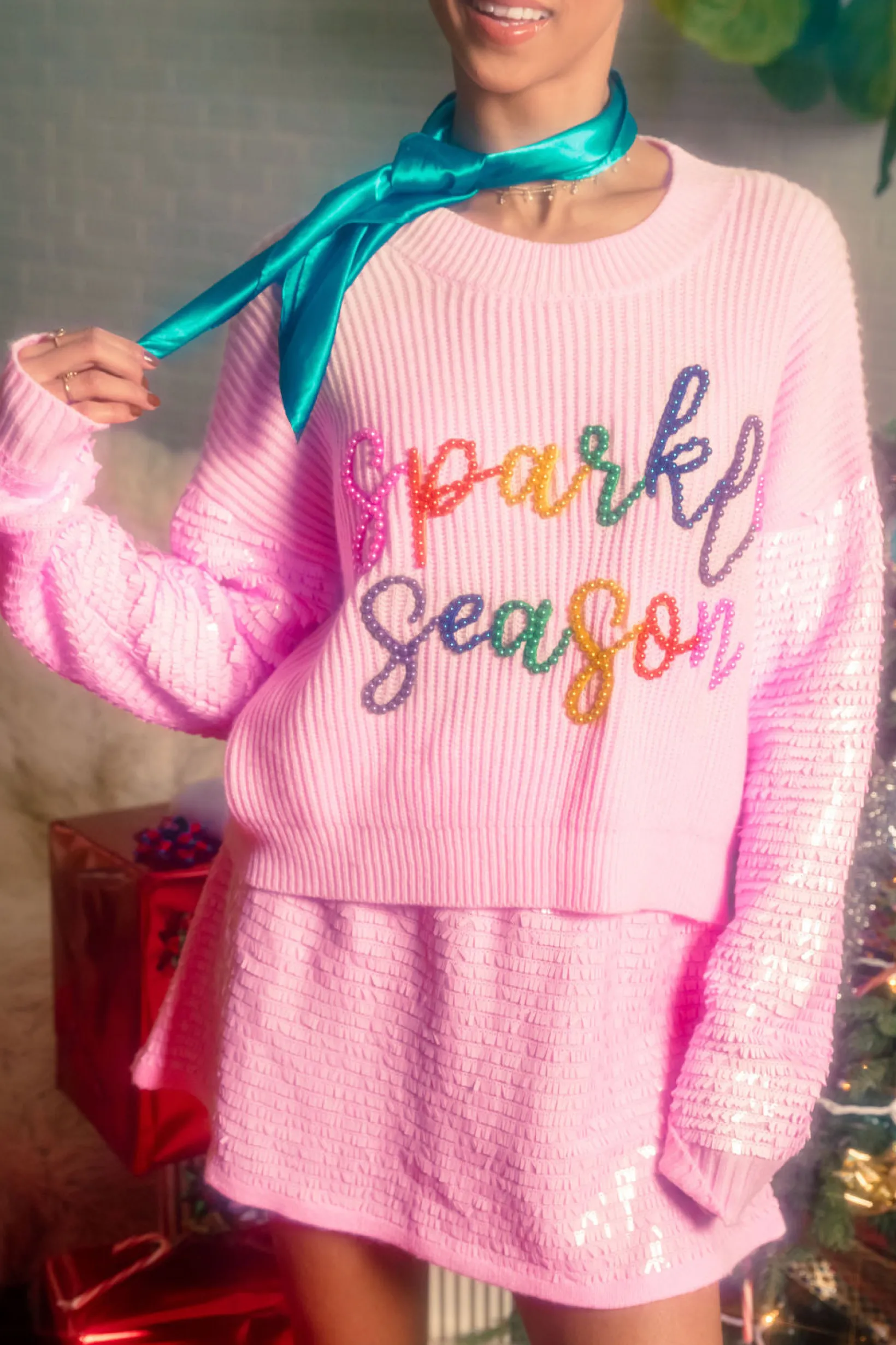 Pink Sequin Sleeve Multi Pearl 'Sparkle Season' Sweater
