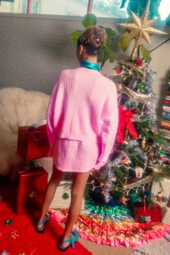 Pink Sequin Sleeve Multi Pearl 'Sparkle Season' Sweater