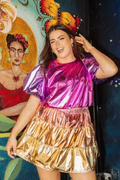 Pink/Purple Metallic Puff Sleeve Crop