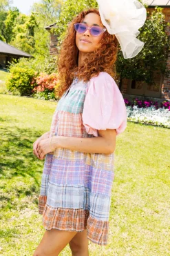 Plaid Poof Sleeve Sequin Tier Dress