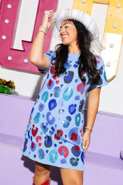 Powder Blue, Red, & Navy Sequin & Seed Bead Leopard Tee Dress