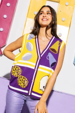 Purple & Gold Colorblock Football Icon Button Up Sweater Vest