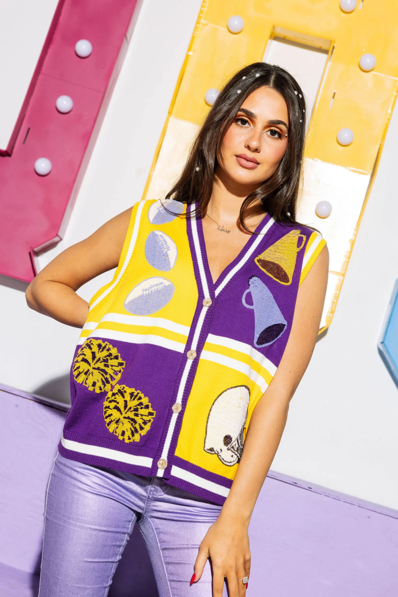 Purple & Gold Colorblock Football Icon Button Up Sweater Vest