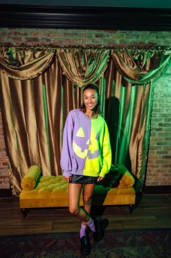 Purple & Neon Green Split Pumpkin Face Sweatshirt
