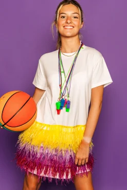 Purple & Yellow Feather Bottom Tee Dress