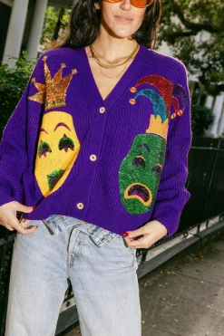 Purple Mardi Gras Mask Cardigan