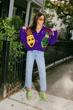 Purple Mardi Gras Mask Cardigan